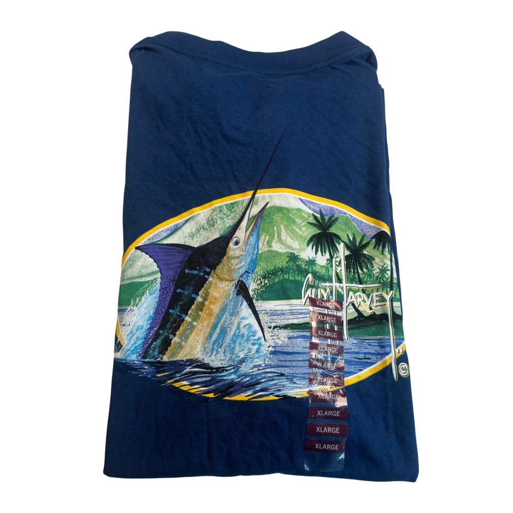 Guy Harvey Blue Marlin Sailfish Oval Art Graphic Fishing Tee Navy‎ Cotton XL NWT